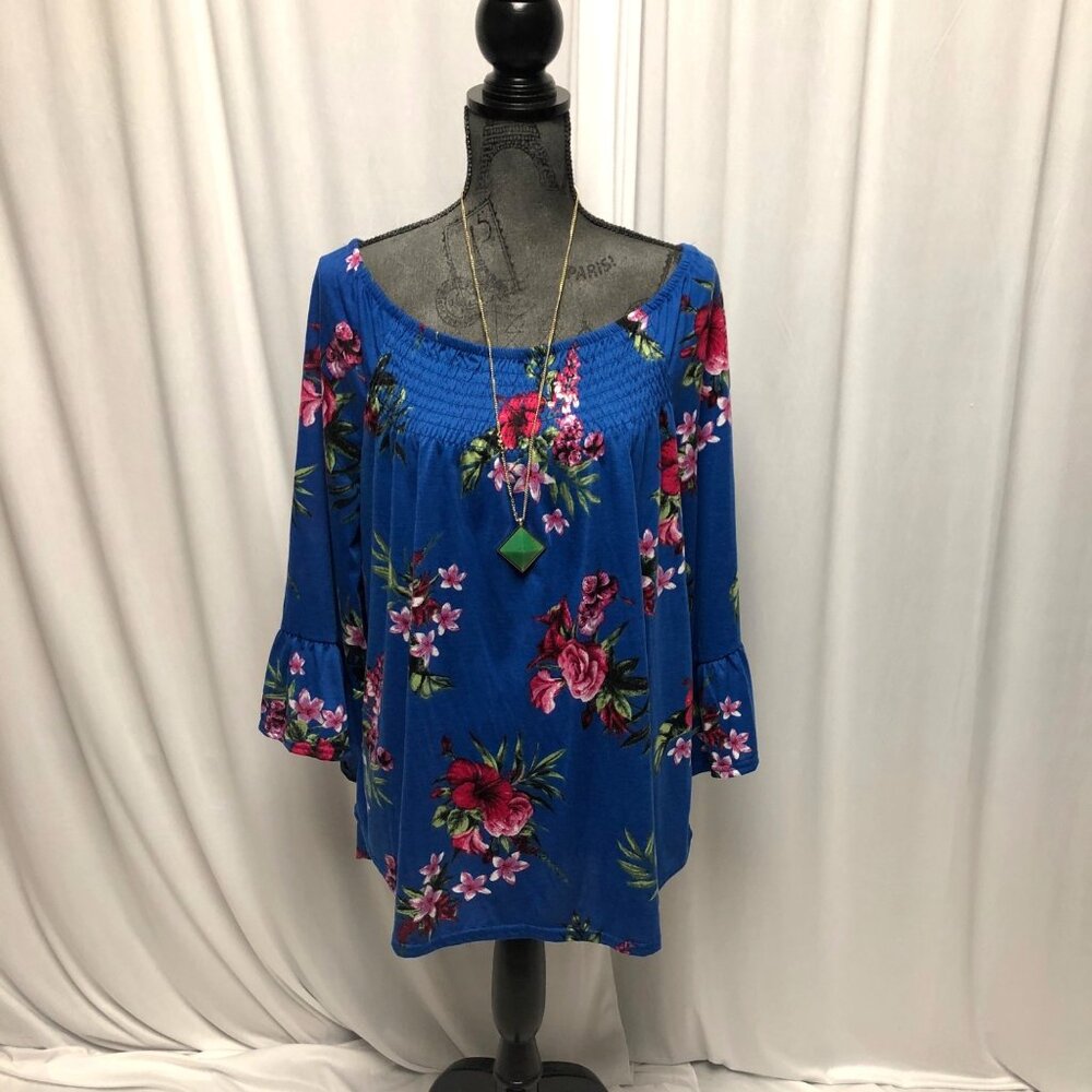 New York Laundry Peasant Shirt Womens Size Large Blue Floral Bell Sleeve NEW